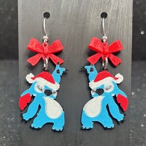 Stitch Christmas Earrings with Red Bow & Silver Accents